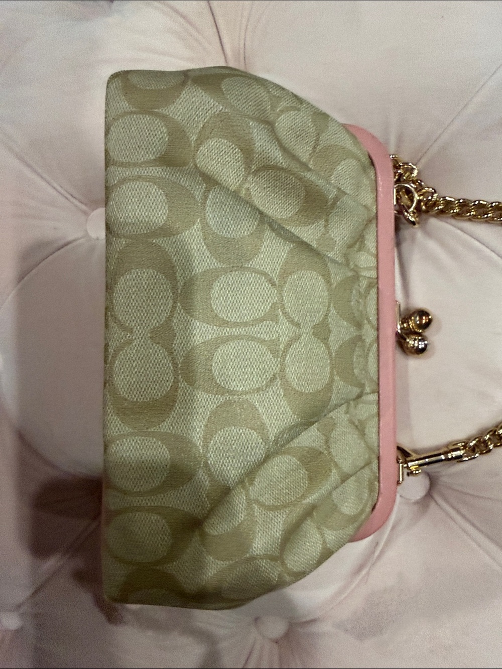 Coach Beige Signature Canvas Crossbody with Pink Trim and Gold Chain - Picture 2 of 4